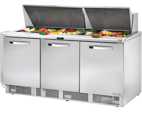 True 72-Inch Three-Section Sandwich/Salad Prep Table with 30-Pan Capacity and Rear-Mounted Self-Contained Refrigeration
