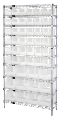 Quantum Stationary Wire Shelving Bin System Unit with 10 Shelves and Clear Bins, 74-Inch High