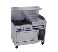 Comstock-Castle 48-Inch Commercial Gas Range with 4 Open Star Burners, 24-Inch Raised Griddle/Cheesemelter, 31-Inch Oven and Cabinet Storage Base