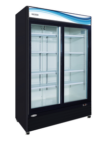Serv-Ware 48 Cu. Ft. Black Two-Door Sliding Glass Merchandiser Refrigerator
