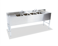 Steel Works Stainless Four-Compartment Underbar Hand Sink with Left and Right Drainboards, 72 Inch