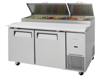 Turbo Air Super Deluxe Two-Section Pizza Prep Table, 67-1/8 in. W, 20 Cu. Ft., Stainless Steel, Self-Contained Side-Mount Refrigeration