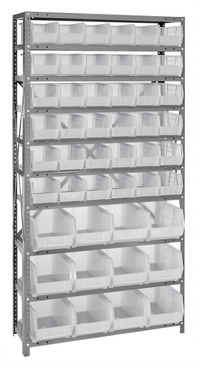 Quantum Heavy Duty Wire Shelving Unit with 10 Shelves, 48 Clear Bins, 36 x 12 x 75 Inches