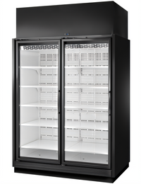 True TRM2L Low Temp Two-Section Glass Door Freezer Merchandiser, Self-Contained, Black Exterior/White Interior