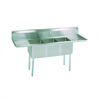 BK Resources Economy 3-Compartment Stainless Steel Sink with Dual Drainboards and Galvanized Legs, 90-Inch