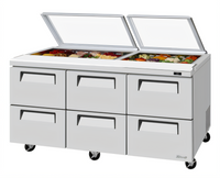 Turbo Air Super Deluxe 72-5/8-Inch 3-Section 19 Cu. Ft. Sandwich/Salad Prep Table with Glass Lid and 6 Drawers