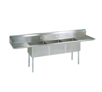 BK Resources 120-Inch Wide Three-Compartment 304 Stainless Steel Sink with Left and Right Drainboards and 9-Inch Backsplash