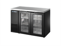 True 48-Inch Two-Section Glass Swing Door Back Bar Cooler with Stainless Steel Top and Black Exterior