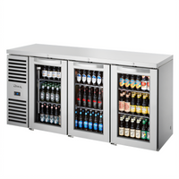 True Premier Bar Three-Section 72-Inch Stainless Steel Refrigerated Back Bar Cooler with 3 Locking Glass Doors