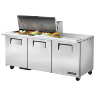 True 72-Inch Mega Top 3-Door Refrigerated Sandwich/Salad Prep Table with 18-Pan Rail
