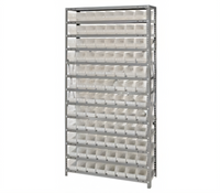 Quantum Heavy-Duty Stationary Wire Shelving Unit with 96 Clear Bins, 36 x 12 x 75 Inches
