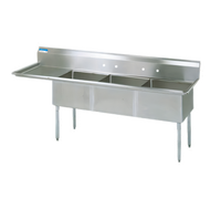 BK Resources Three-Compartment Stainless Steel Sink with Left Drainboard, 24 x 24 x 14 Inch Bowls
