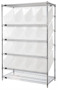 Quantum Stationary Wire Bin Shelving Unit with 16 Clear Bins, 24 x 48 x 74 Inches, Chrome Plated