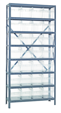 Quantum Heavy-Duty Stationary Wire Shelving Unit with 8 Shelves and 28 Clear Bins, 18
