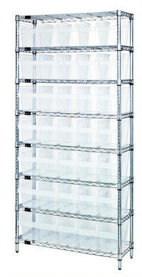 Quantum Chrome Plated Bin Wire Shelving System with 8 Shelves and 35 Clear Bins, 36