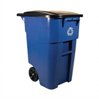 Rubbermaid Commercial BRUTE 50 Gallon Blue Recycling Roll-Out Container with Hinged Lid