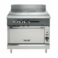 Vulcan V Series 36-Inch Heavy Duty Gas Range with Dual Plancha Griddles and Cabinet Base