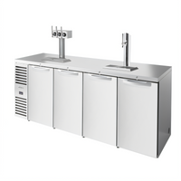 True 92 Inch Four-Section Refrigerated Draft Bar Cooler with Stainless Steel Countertop and 2 Insulated Beer Columns