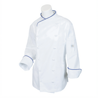 Renaissance Women's Double-Breasted Scoop Neck Chef Jacket with Royal Blue Piping, White, Large