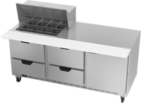 Beverage-Air 72-Inch Three-Section Mega Top Refrigerated Prep Table with 4 Drawers, 1 Door, and 12-Pan Top