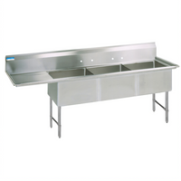 BK Resources Three-Compartment Stainless Steel Sink with Left Drainboard, 24 x 24 x 14-Inch Bowls, 16-Gauge