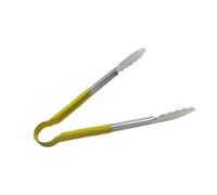 12-Inch One-Piece Heavy-Duty Stainless Steel Scalloped Edge Utility Tongs with Yellow Poly-Coated Handle