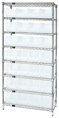 Quantum Stationary Bin Wire Shelving System with 8 Shelves and 28 Clear Bins, 36 x 14 x 74 Inches, Chrome Plated
