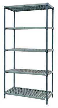 Quantum 5-Tier Stationary Wire Plastic Mat Shelving Unit, 72 x 14 x 74 Inches, Green Epoxy Coated