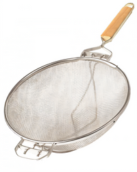 10-1/2-Inch Diameter Reinforced Stainless Steel Double Mesh Strainer with Flat Wood Handle