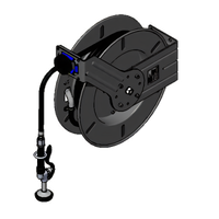 equip Open Black Epoxy Coated Steel Retractable Hose Reel with 3/8 Inch x 50 Foot Hose and High Flow Spray Valve