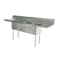 Omcan USA 90-Inch 3-Compartment Pot Sink with Left and Right Drainboards, 18-Gauge 304 Stainless Steel