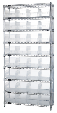 Quantum Wire Shelving Bin System with 9 Shelves and 32 Clear Bins, 36 x 12 x 74 Inches, Chrome Plated