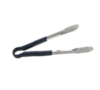 10-Inch Heavy-Duty Stainless Steel Scalloped Edge Utility Tongs with Blue Poly-Coated Handle