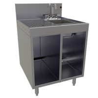 Glastender Underbar Wet Waste Sink Cabinet Base with Open Front, Left Drainboard, Right Bowl