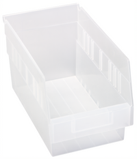 Quantum Economy Nesting Shelf Bin with Rear Hanglock, Divider Slots, and Label Holder, Clear Polypropylene