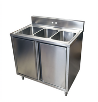 36-Inch Three Compartment Stainless Steel Sink Cabinet with Hinged Doors