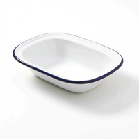 American Metalcraft Enamelware Oblong Serving Bowl, 16 oz., White with Blue Rim