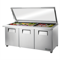 True Refrigerated Mega Top Sandwich/Salad Prep Table with Flat Glass Lid, 72-Inch, 3 Solid Doors, 30-Pan Capacity