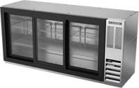 Beverage-Air BB72HC-F-GS-S 72 Inch Three-Section Food-Rated Stainless Steel Back Bar Refrigerator with Sliding Glass Doors