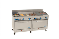 Comstock-Castle 72-Inch Commercial Gas Range with 2 Open Burners, 36-Inch Griddle, 24-Inch Charbroiler, and 2 Ovens