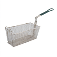 Winco Rectangular Medium Mesh Floor Fryer Basket with Green Plastic Handle, Nickel-Plated Steel