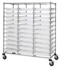 Quantum Mobile Triple-Bay Bin Cart with 33 Clear Bins, Chrome Plated Finish