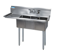 BK Resources Three-Compartment Convenience Store Sink with Left 15-Inch Drainboard