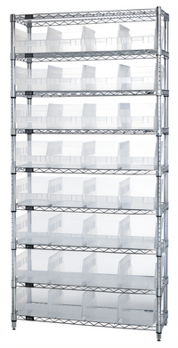 Quantum Stationary Bin Wire Shelving System with 32 Clear Bins, 36 x 24 x 74 Inches, Chrome Plated
