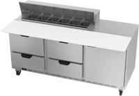 Beverage-Air 72-Inch Three-Section Sandwich Top Refrigerated Prep Table with 12 1/6-Size Pan Opening, 4 Drawers, and 1 Door