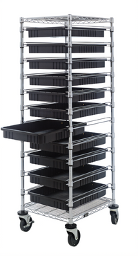 Quantum Conductive Mobile Bin Cart with 11 Black Dividable Grid Containers, 21 x 24 x 69 Inches