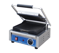 Globe Single Countertop Electric Bistro Panini Grill with 10 x 10 Inch Cast Iron Grooved Plates