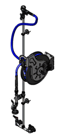 T&S Brass Open Epoxy-Coated Retractable Hose Reel Assembly with 8-Inch Wall Mount Mixing Faucet, 35-Foot Hose and Blue Spray Valve
