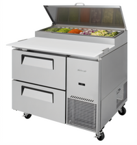Turbo Air Super Deluxe 44-Inch 1-Section Pizza Prep Table with 2 Drawers, 14 Cu. Ft., Self-Contained Side-Mount Refrigeration