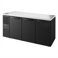 72-Inch Three-Section Refrigerated Back Bar Cooler with Solid Hinged Locking Doors and Stainless Steel Countertop